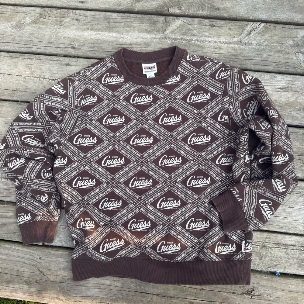 Vintage 80’s 90’s Guess Men’s Crewneck Sweatshirt Brown Medium All Over Print